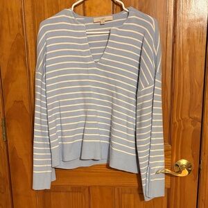 LOFT Women's Light Blue and White Striped V-Neck Sweater